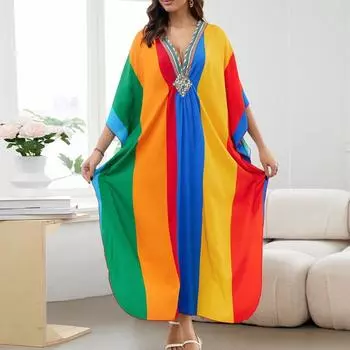 Женская мода лето весна цвет блок принт рукава 1/2 V-образный вырез свободная талия повседневные платья Size: One Size