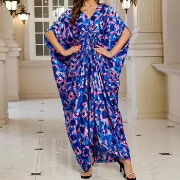 Женская мода лето весна цвет блок принт рукава 1/2 V-образный вырез свободная талия повседневные платья Size: One Size