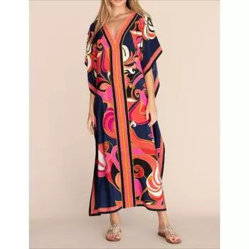 Женская мода лето весна цвет блок принт рукава 1/2 V-образный вырез свободная талия повседневные платья Size: One Size