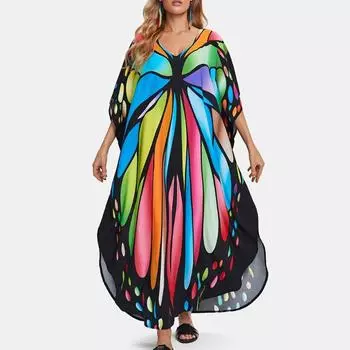 Женская мода лето весна цвет блок принт рукава 1/2 V-образный вырез свободная талия повседневные платья Size: One Size