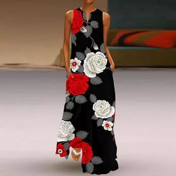 Женская мода лето весна цветочный принт без рукавов V-образный вырез свободные повседневные платья S
