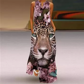 Женская мода лето весна цветочный принт без рукавов V-образный вырез свободные повседневные платья S