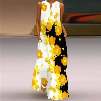 Женская мода лето весна цветочный принт без рукавов V-образный вырез свободные повседневные платья S
