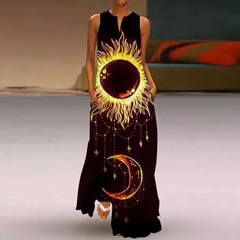 Женская мода лето весна цветочный принт без рукавов V-образный вырез свободные повседневные платья S