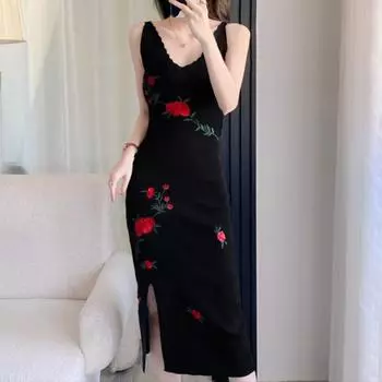 Женская мода лето весна цветочный принт без рукавов U-образный вырез тонкий повседневные платья S чёрный