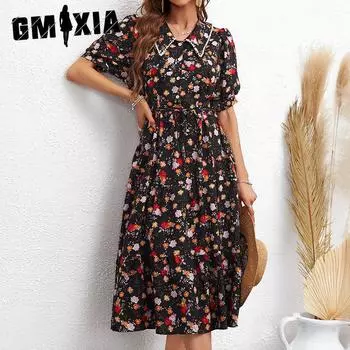 Женская мода лето весна цветочный принт короткий рукав поло воротник высокая талия повседневные платья S