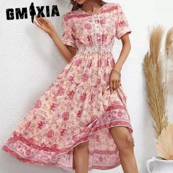 Женская мода лето весна цветочный принт с коротким рукавом V-образным вырезом с высокой талией повседневные платья S розовый