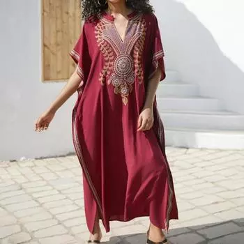 Женская мода лето весна цветочный узор принт рукава 1/2 V-образный вырез свободная талия повседневные платья Size: One Size