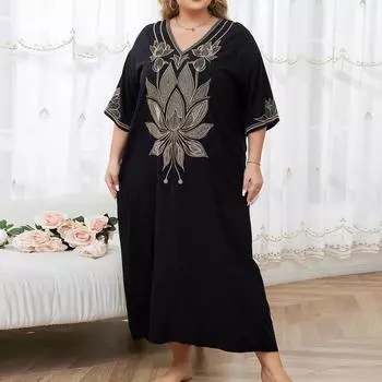 Женская мода лето весна цветочный узор принт рукава 1/2 V-образный вырез свободная талия повседневные платья Size: One Size