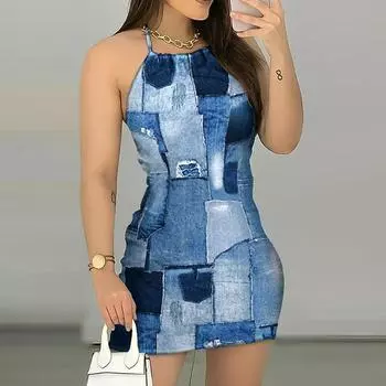 Женская мода лето весна клетчатый принт без рукавов тонкие повседневные платья S синий