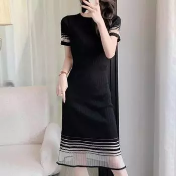 Женская мода лето весна короткий рукав O-образный вырез тонкий повседневные платья S чёрный