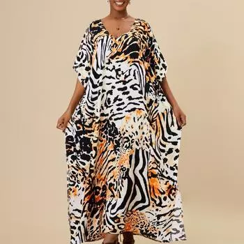 Женская мода лето весна леопардовый принт рукава 1/2 V-образный вырез свободная талия повседневные платья Size: One Size