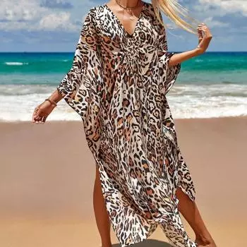 Женская мода лето весна леопардовый принт рукава 3/4 V-образный вырез свободная талия повседневные платья One size