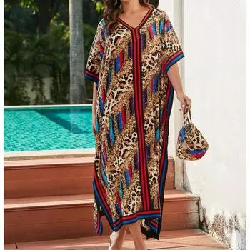 Женская мода лето весна леопардовый принт рукава 1/2 V-образный вырез свободная талия повседневные платья Size: One Size