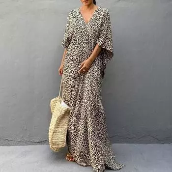 Женская мода лето весна леопардовый принт рукава 1/2 V-образный вырез средняя талия повседневные платья Size: One Size