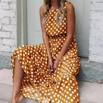 Женская мода лето весна однотонный принт без рукавов с круглым вырезом и высокой талией повседневные платья S