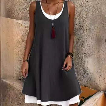 Женская мода лето весна однотонный принт без рукавов с круглым вырезом повседневные платья S чёрный