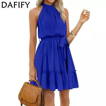 Женская мода лето весна однотонный принт без рукавов с высоким воротом и высокой талией повседневные платья S