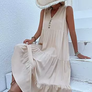 Женская мода лето весна однотонный принт без рукавов с v-образным вырезом повседневные платья S зелёный