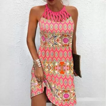 Женская мода лето весна однотонный принт без рукавов с круглым вырезом и высокой талией повседневные платья S темно-синий