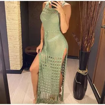 Женская мода лето весна однотонный принт без рукавов с круглым вырезом свободная талия повседневные платья Size: One Size