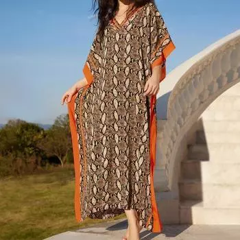 Женская мода лето весна однотонный принт рукава 1/2 с v-образным вырезом свободная талия повседневные платья Size: One Size