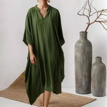 Женская мода лето весна однотонный принт рукава 1/2 с v-образным вырезом свободная талия повседневные платья Size: One Size