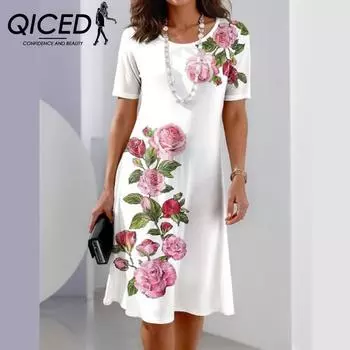 Женская мода лето весна однотонный принт с коротким рукавом и круглым вырезом с высокой талией повседневные платья S чёрный