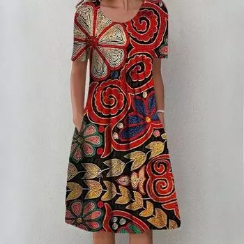 Женская мода лето весна однотонный принт с коротким рукавом и круглым вырезом с высокой талией повседневные платья S красный