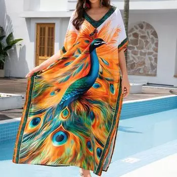 Женская мода лето весна перо принт рукава 1/2 V-образный вырез свободная талия повседневные платья Size: One Size