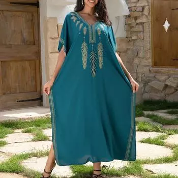 Женская мода лето весна перо принт рукава 1/2 V-образный вырез свободная талия повседневные платья Size: One Size