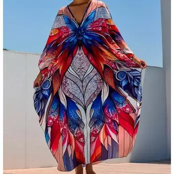 Женская мода лето весна перо принт рукава 3/4 V-образный вырез свободная талия повседневные платья Size: One Size
