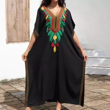 Женская мода лето весна перо принт рукава 1/2 V-образный вырез свободная талия повседневные платья Size: One Size