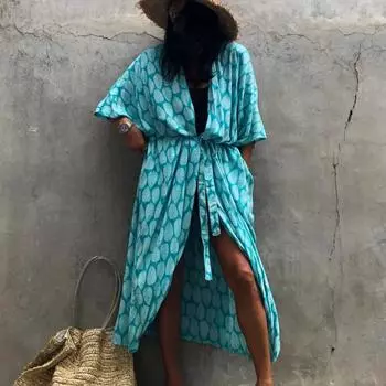 Женская мода лето весна перо принт рукава 3/4 V-образный вырез свободная талия повседневные платья Size: One Size