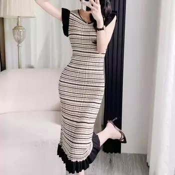 Женская мода лето весна полосатый принт без рукавов O-образный вырез тонкий повседневные платья S абрикосовый