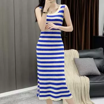 Женская мода лето весна полосатый принт без рукавов U-образный вырез свободные повседневные платья S синий