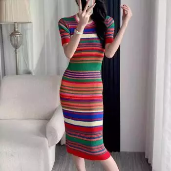 Женская мода лето весна полосатый принт короткий рукав O-образный вырез тонкий повседневные платья S разноцветный