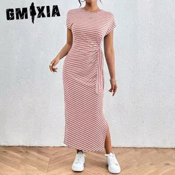 Женская мода лето весна полосатый принт O-образный вырез тонкий повседневные платья S розовый