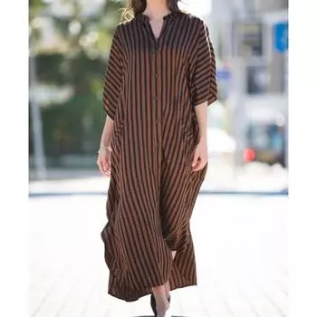 Женская мода, лето, весна, полосатый принт, рукава 1/2, v-образный вырез, свободная талия, повседневные платья Size: One Size
