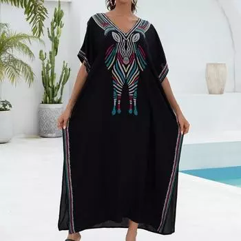 Женская мода, лето, весна, полосатый принт, рукава 1/2, v-образный вырез, свободная талия, повседневные платья Size: One Size