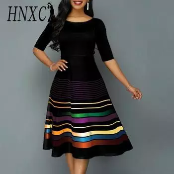 Женская мода лето весна полосатый принт с коротким рукавом и круглым вырезом с высокой талией повседневные платья S чёрный