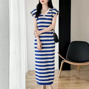 Женская мода лето весна полосатый принт V-образный вырез тонкий повседневные платья S синий