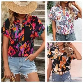 Женская мода лето весна повседневные блузки и рубашки с цветочным узором и принтом с коротким рукавом и v-образным вырезом S чёрный