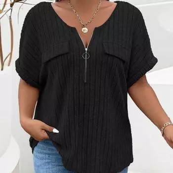 Женская мода лето весна повседневные однотонные принты с коротким рукавом воротник-молния блузки и рубашки 1XL чёрный