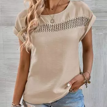 Женская мода лето весна повседневные однотонные рубашки с короткими рукавами и круглым вырезом с принтом S хаки