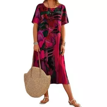 Женская мода лето весна повседневные платья с коротким рукавом и круглым вырезом S