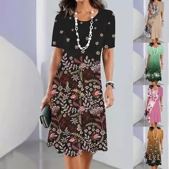Женская мода лето весна повседневные платья с коротким рукавом и круглым вырезом