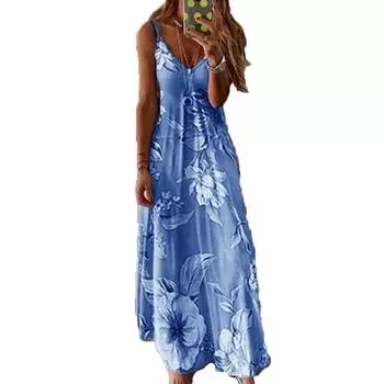 Женская мода лето весна повседневные платья без рукавов с v-образным вырезом S синий