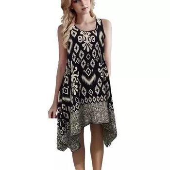 Женская мода лето весна ромбический узор без рукавов U-образный вырез свободные повседневные платья M чёрный