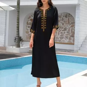 Женская мода лето весна рукава 1/2 V-образный вырез свободная талия повседневные платья Size: One Size чёрный